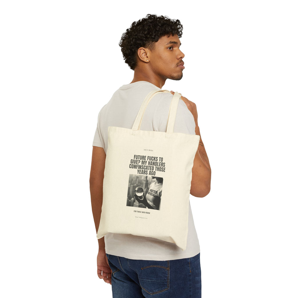 Vintage Photo Tote Bag with Bold Text Quote — 'Future Fucks To Give' Cotton Canvas Tote