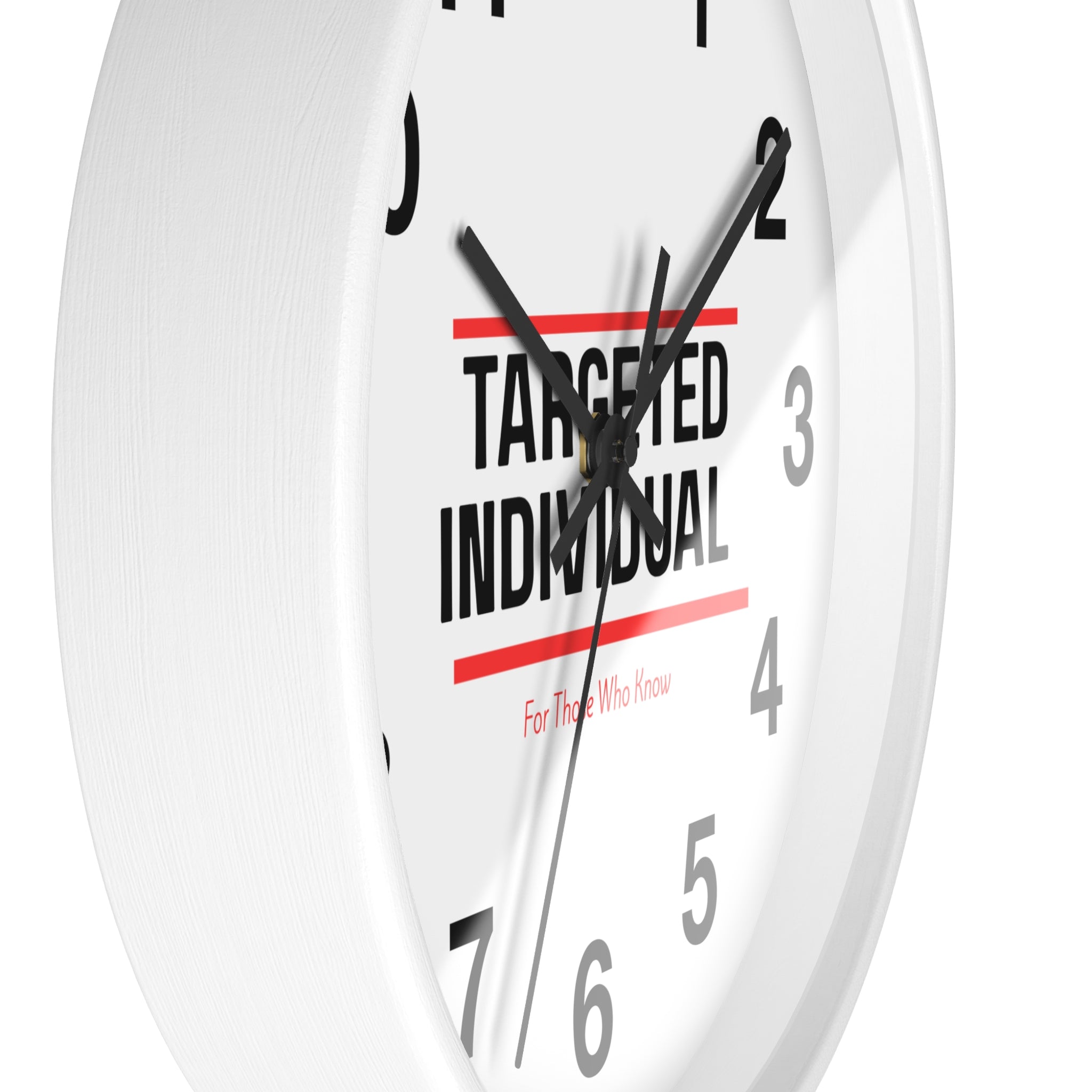 Targeted Individual Wall Clock | Bold Text, Minimalist Typography