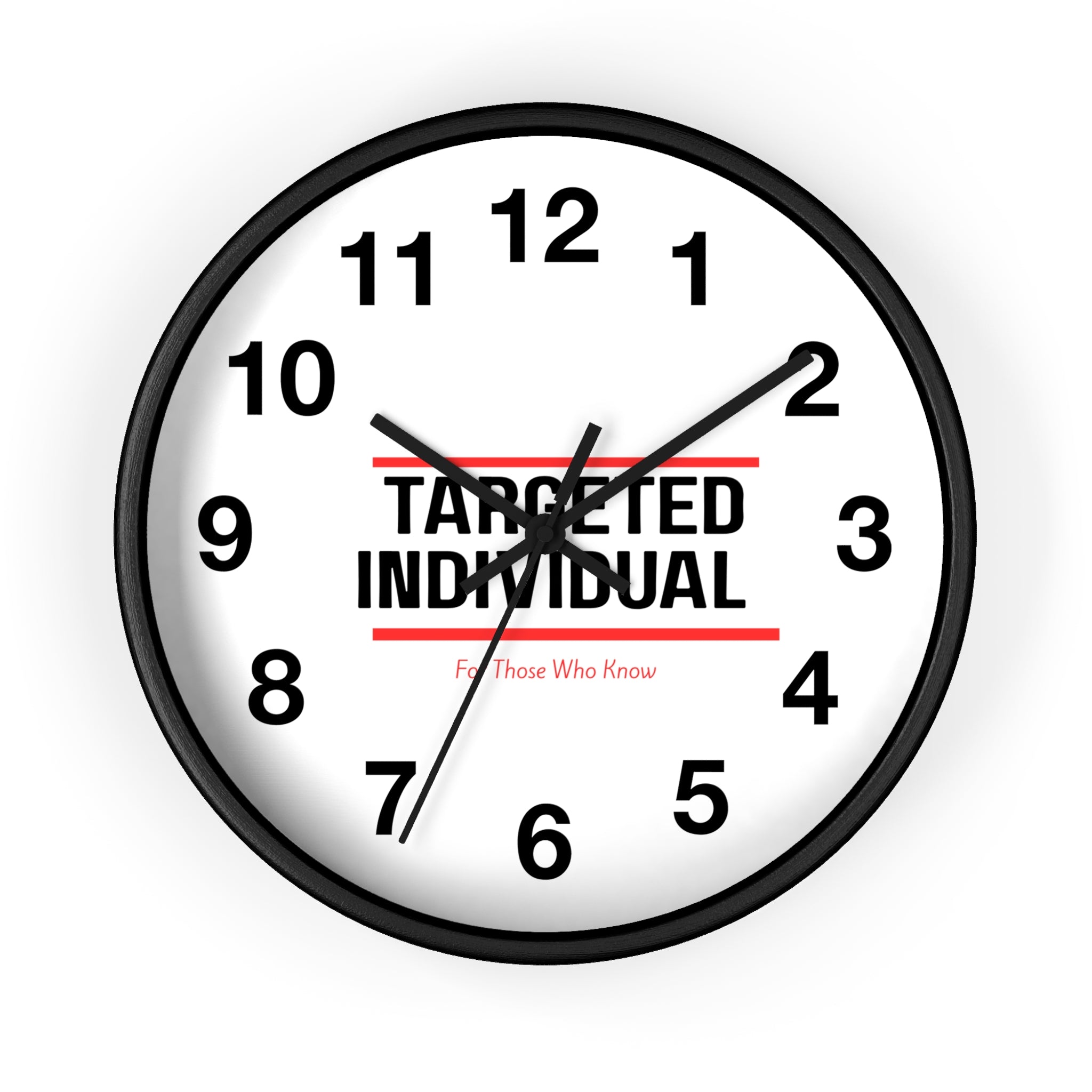 Targeted Individual Wall Clock | Bold Text, Minimalist Typography