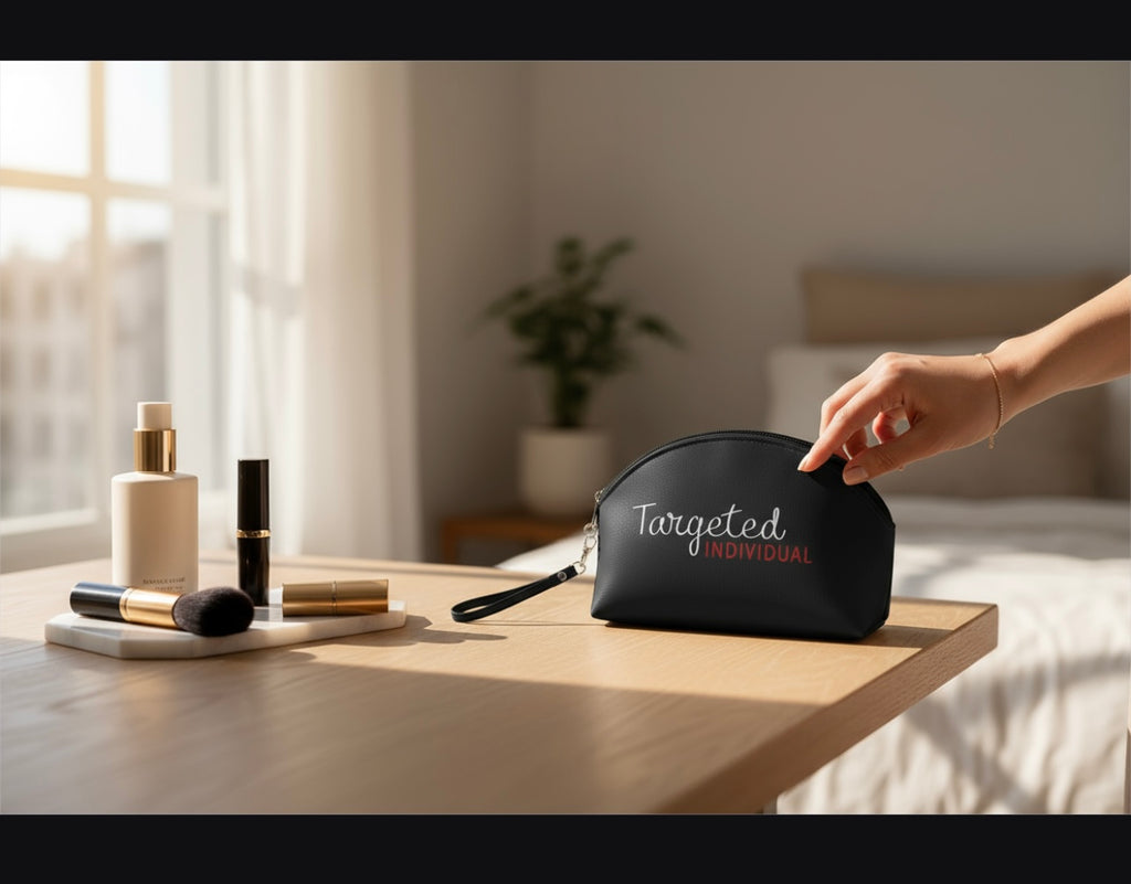 Targeted Individual Makeup Bag – Black Cosmetic Pouch with Script Text